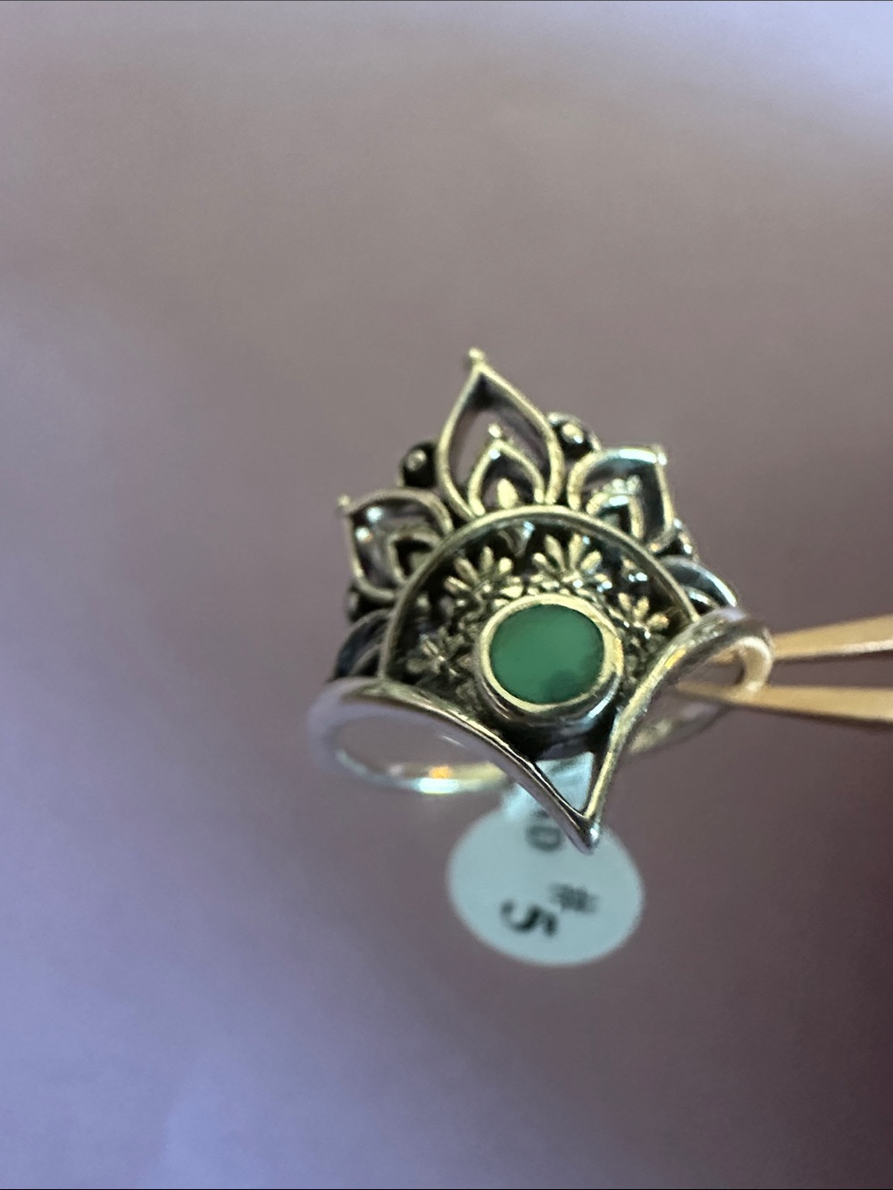 Sterling Silver Lotus Ring with Green Center Stone